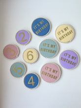 Load image into Gallery viewer, Large Colour Pop ‘It's My Birthday’ Pom Pom Trim Badge