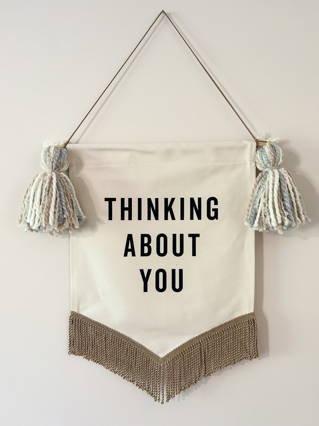 ‘Thinking About You’ Banner in Light Blue, Taupe & Cream & Gold Trim