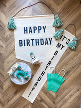 Load image into Gallery viewer, SAMPLE Seagreen Cream Tassel &amp; Wave trim, Large &#39;Happy Birthday&#39; Canvas Banner
