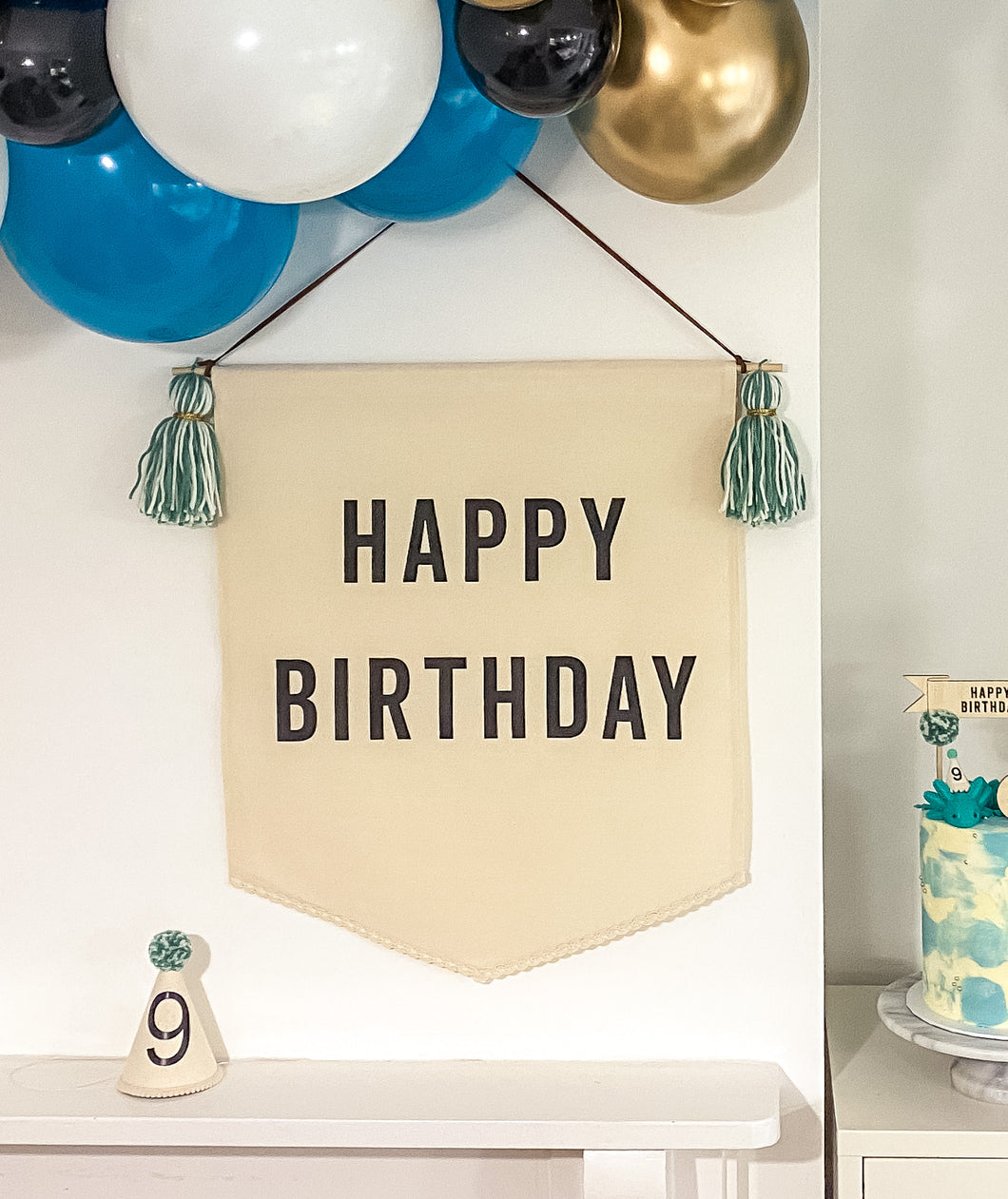 SAMPLE Seagreen Cream Tassel & Wave trim, Large 'Happy Birthday' Canvas Banner